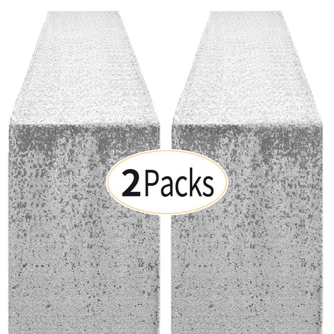 Pufogu silver sequin table runner on a table adds festive shimmer for events.