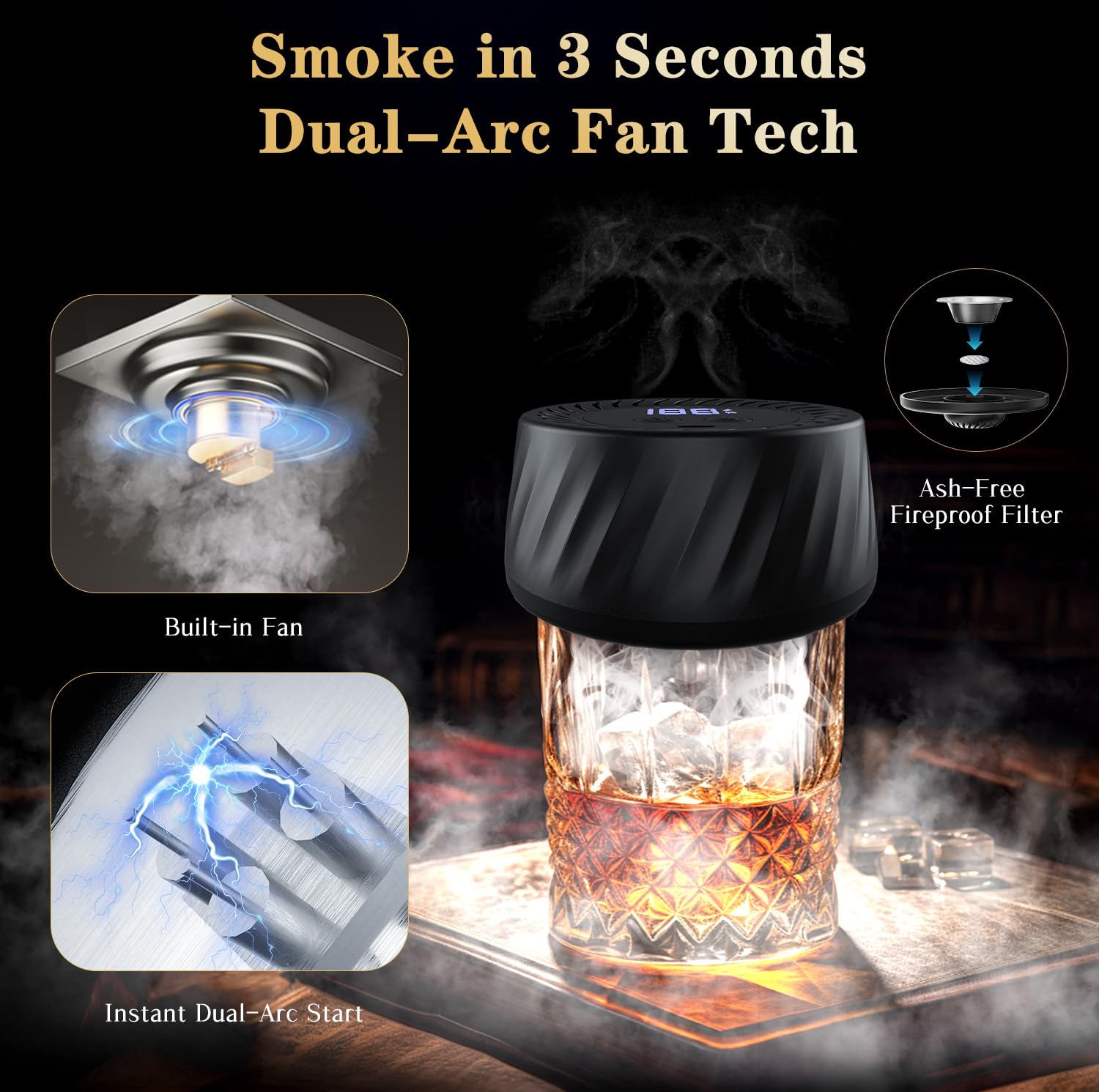 PUFTEM cocktail smoker with LED lights creates a moody whiskey atmosphere.