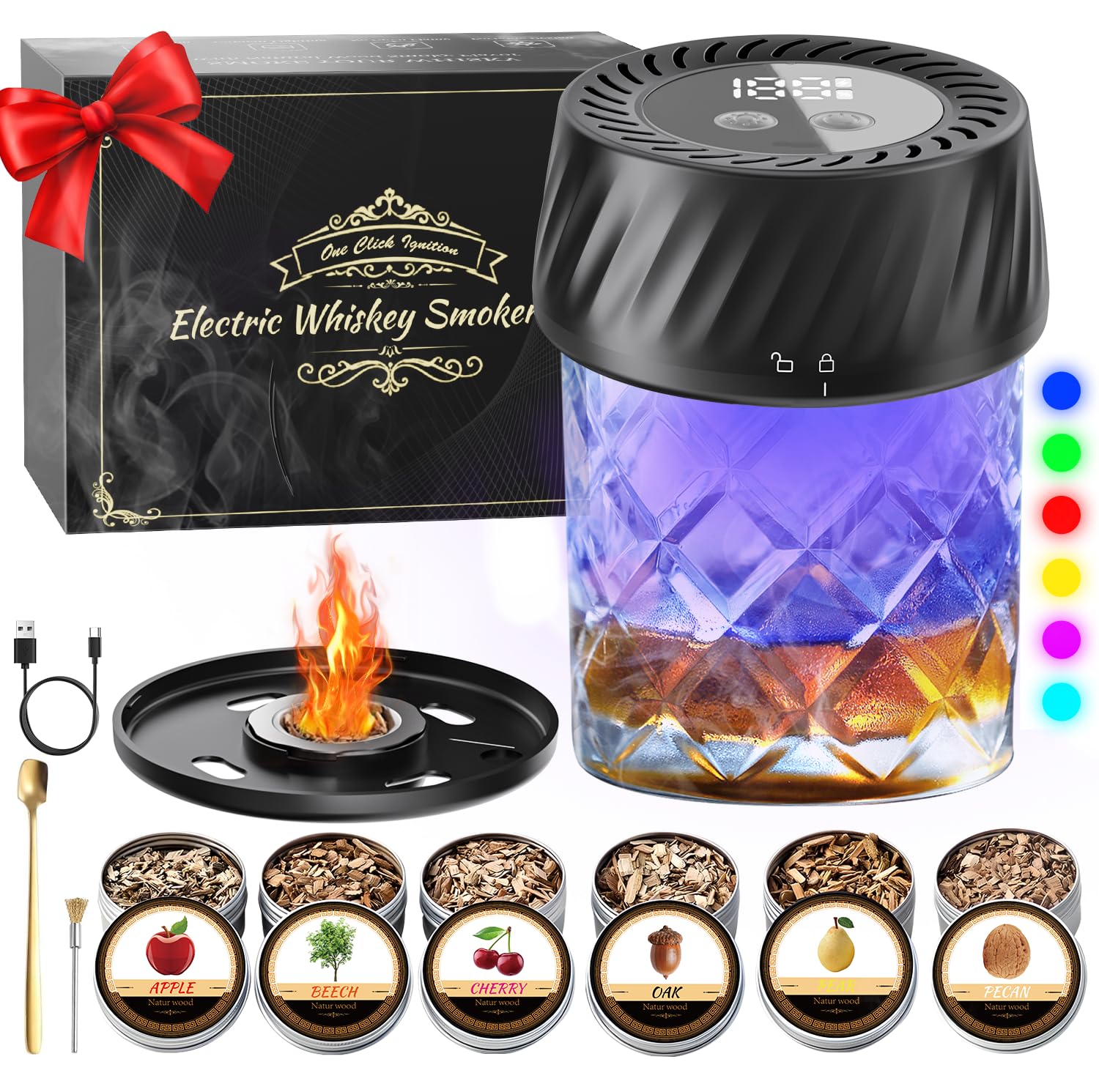 PUFTEM electric smoker kit with glass pour showcases flame-free, aromatic smoke enhancement.