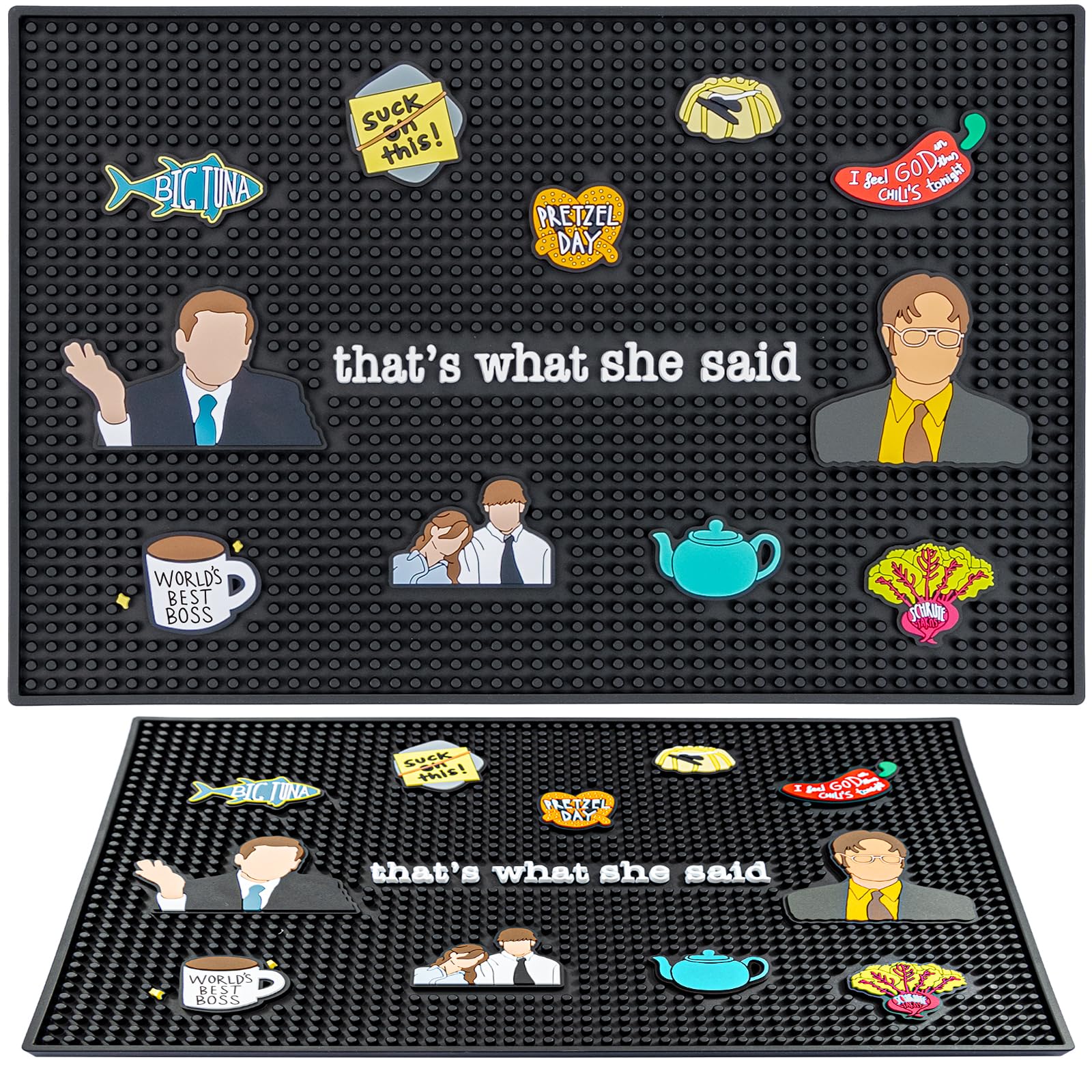 PuGez Office Bar Mat featuring Dwight Schrute design protects counters and adds show flair.