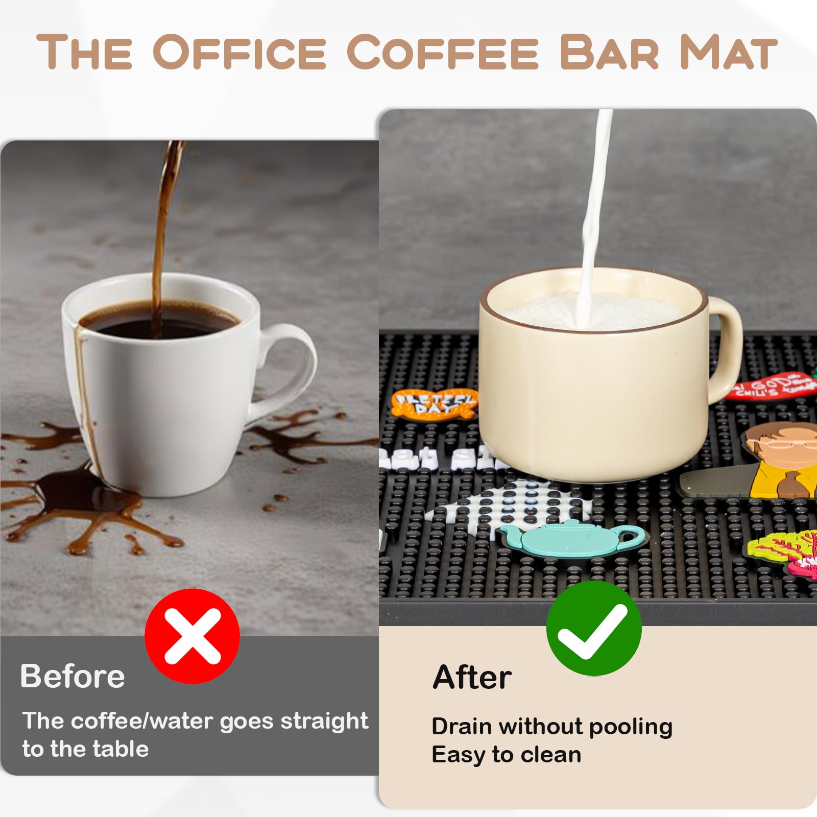 PuGez Teapot pattern bar mat keeps spills contained under coffee mugs.
