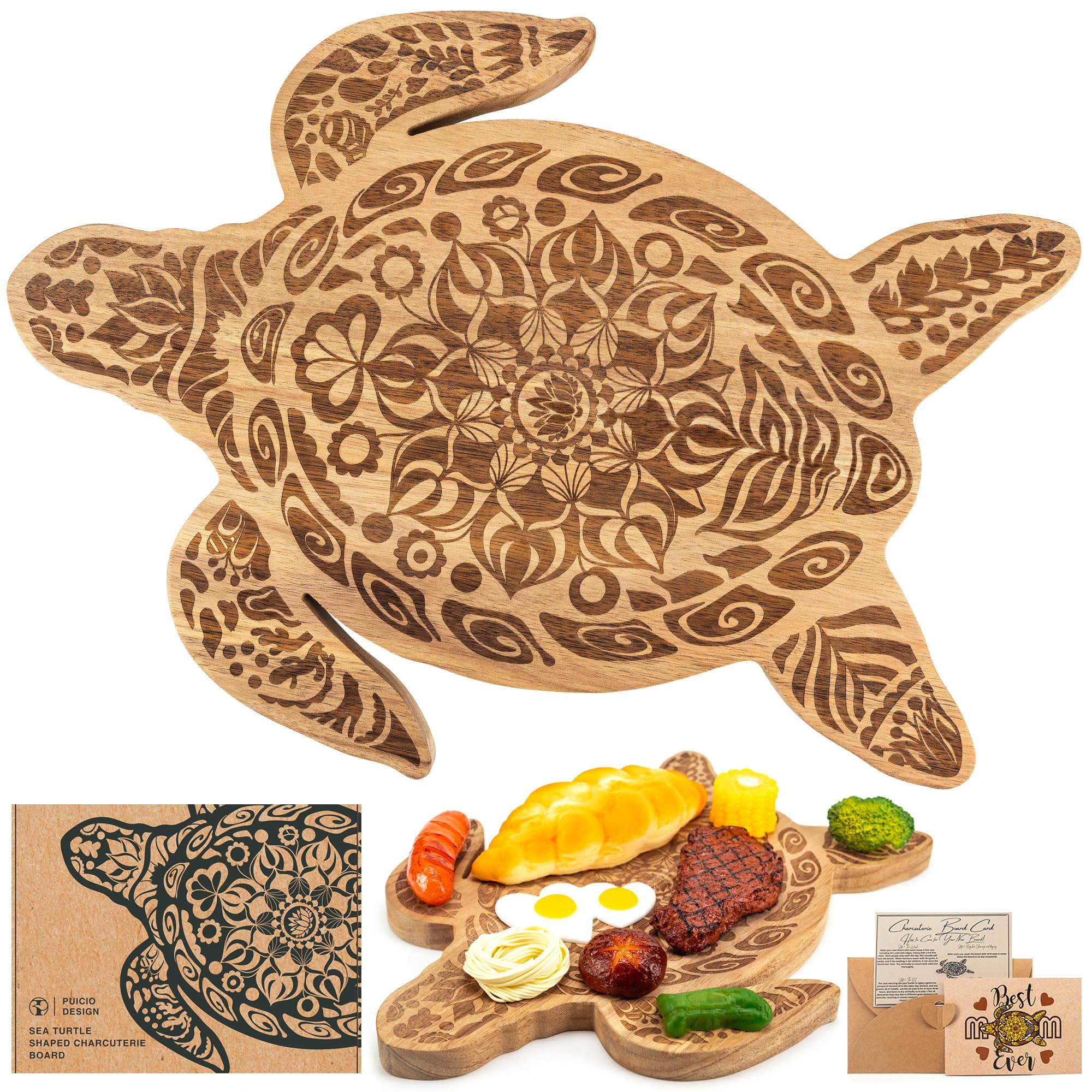 PUICIO sea turtle charcuterie board on natural acacia wood for stylish hosting