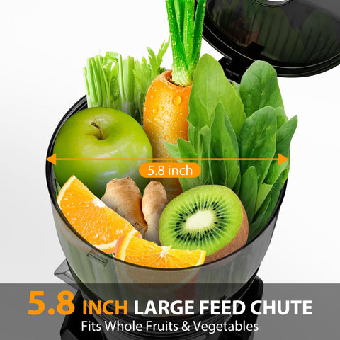 Pukomc cold press juicer five-point-eight-inch feed chute enables whole-fruit juicing.