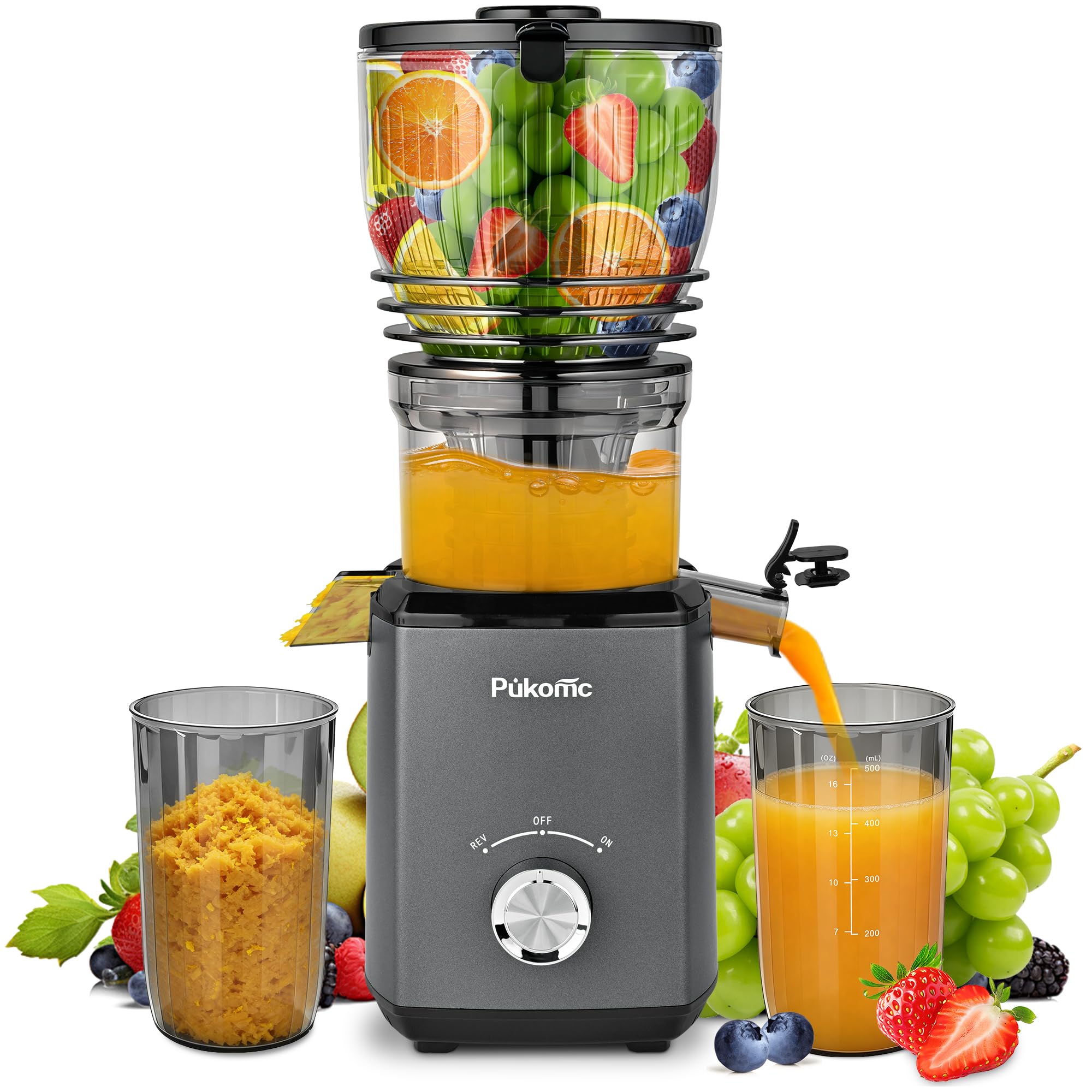 Pukomc cold press juicer front view highlights compact design for small kitchens.