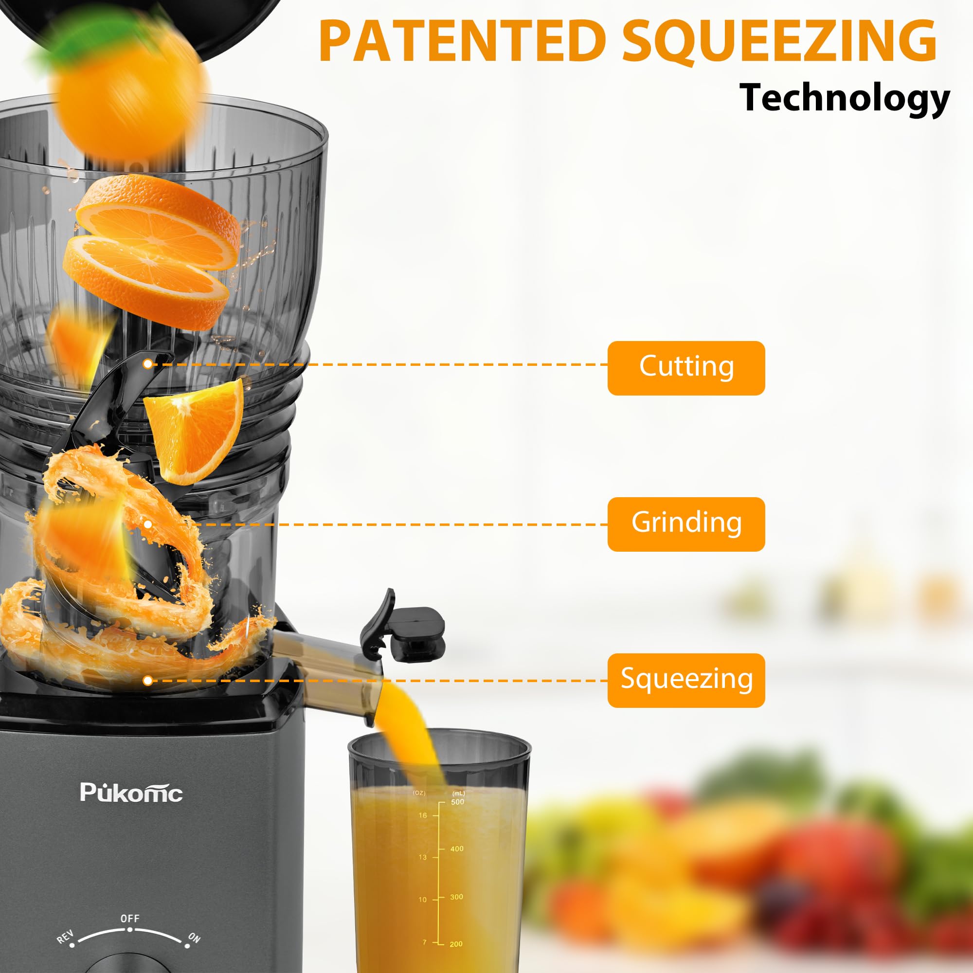 Pukomc juicer pulp-separation filtration demonstrates efficient juice clarity.