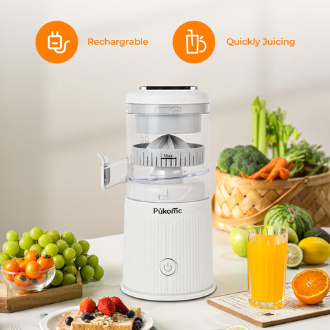 Pukomc juicer delivers 20-second juicing for quick, fresh citrus drinks.