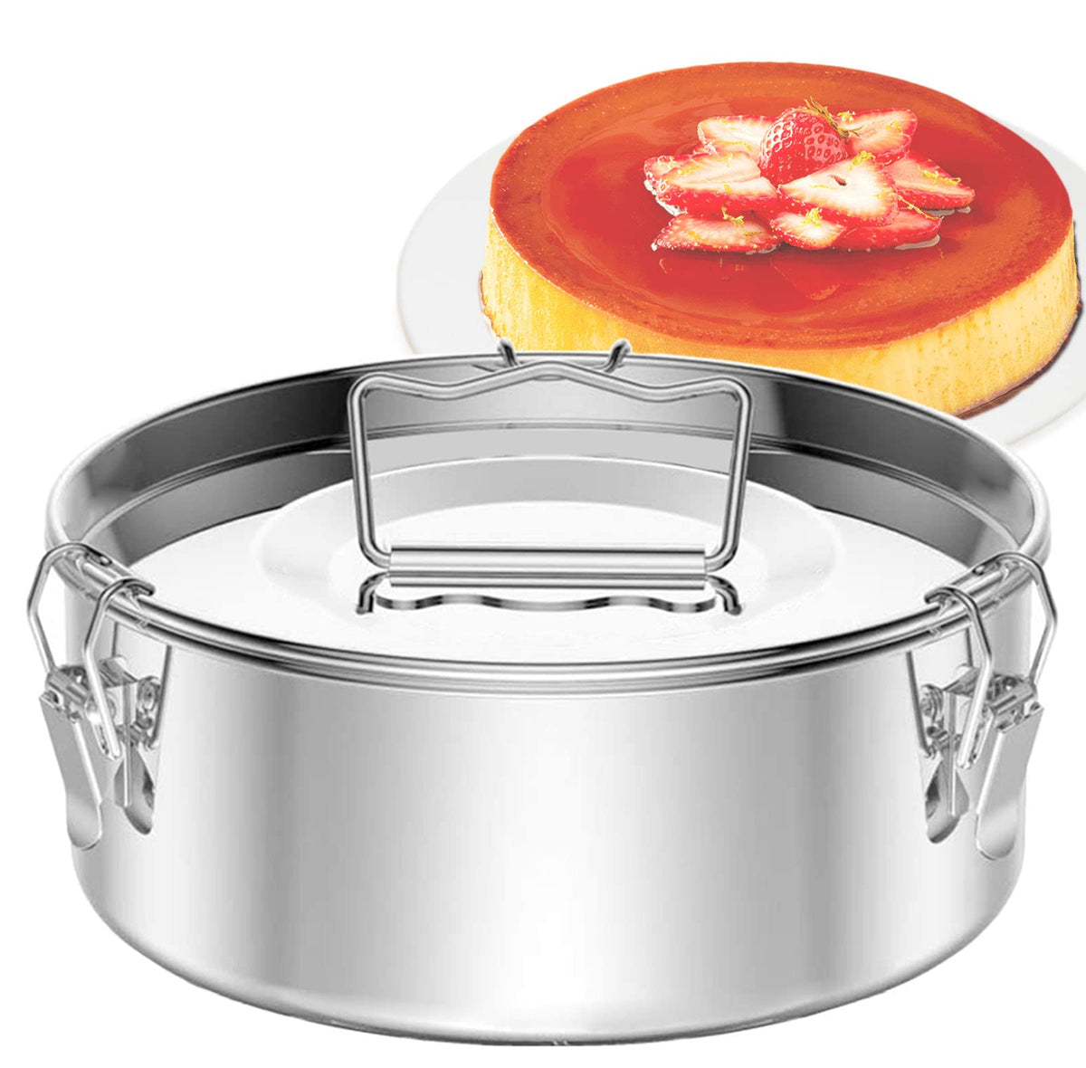 Puluru flan pan lid with three locks for secure sealing and even cooking.