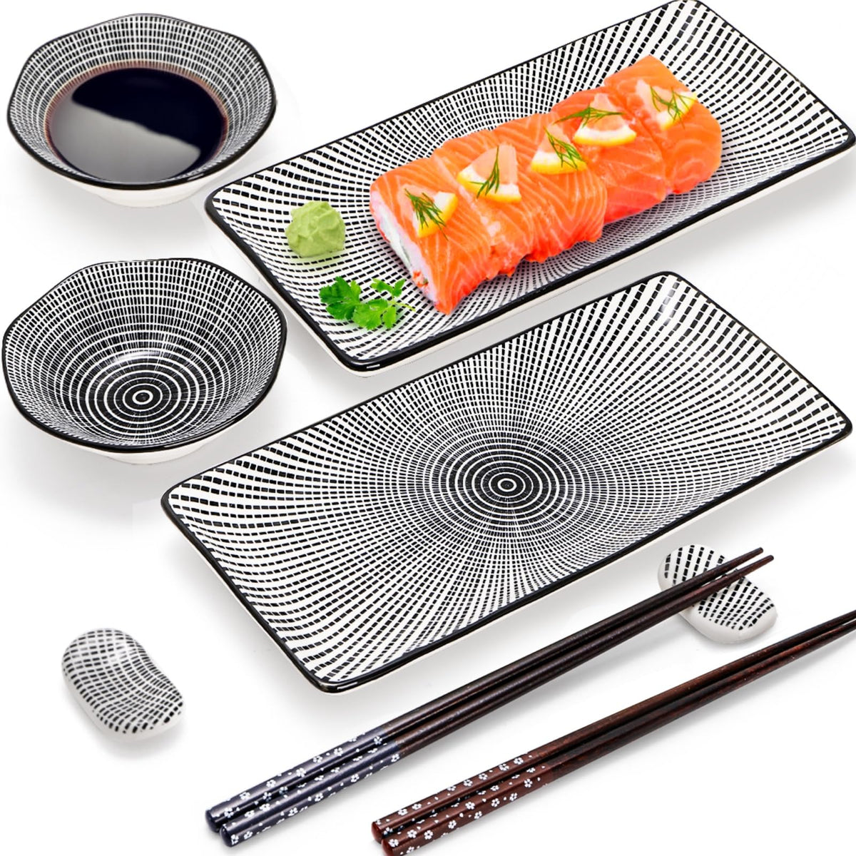 Pumtus sushi serving plates display two rectangular pieces for stylish shared meals.