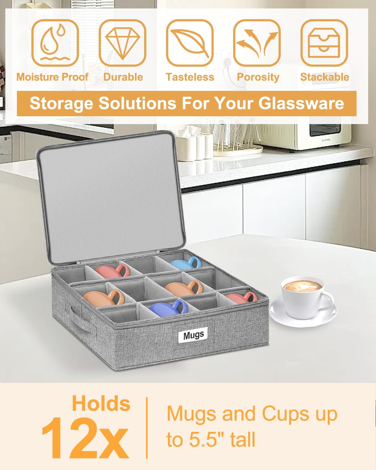Punemi mug storage organizer dimensions 16l-13.8w-5.5h fits mugs up to five inches tall