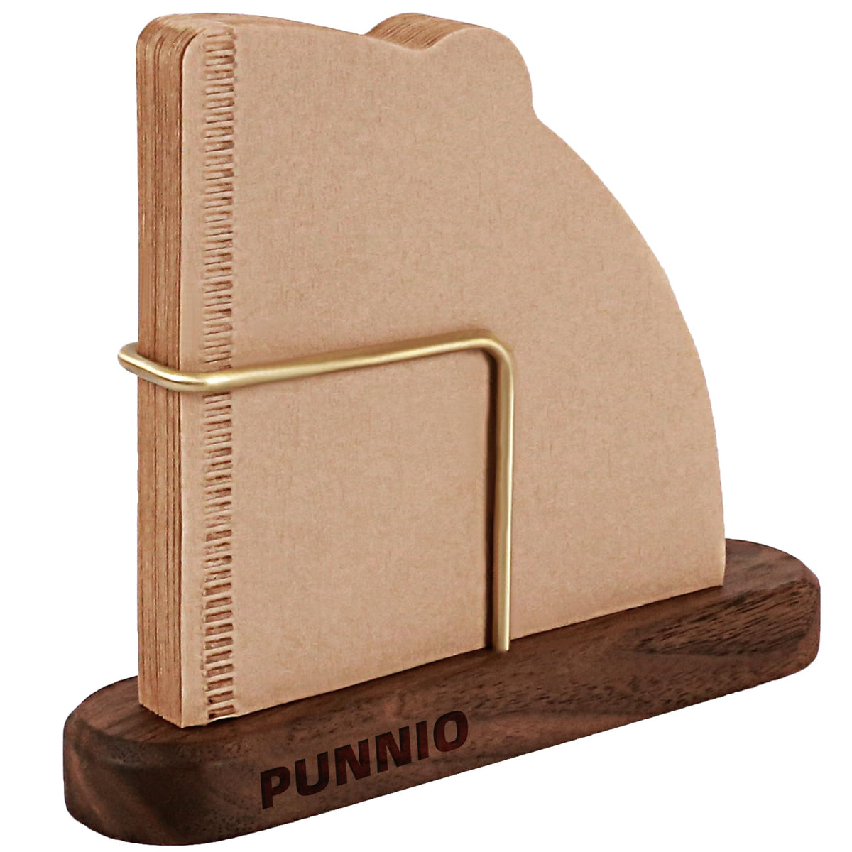 PUNNIO coffee filter holder on a clean desk with a sleek brass rack.