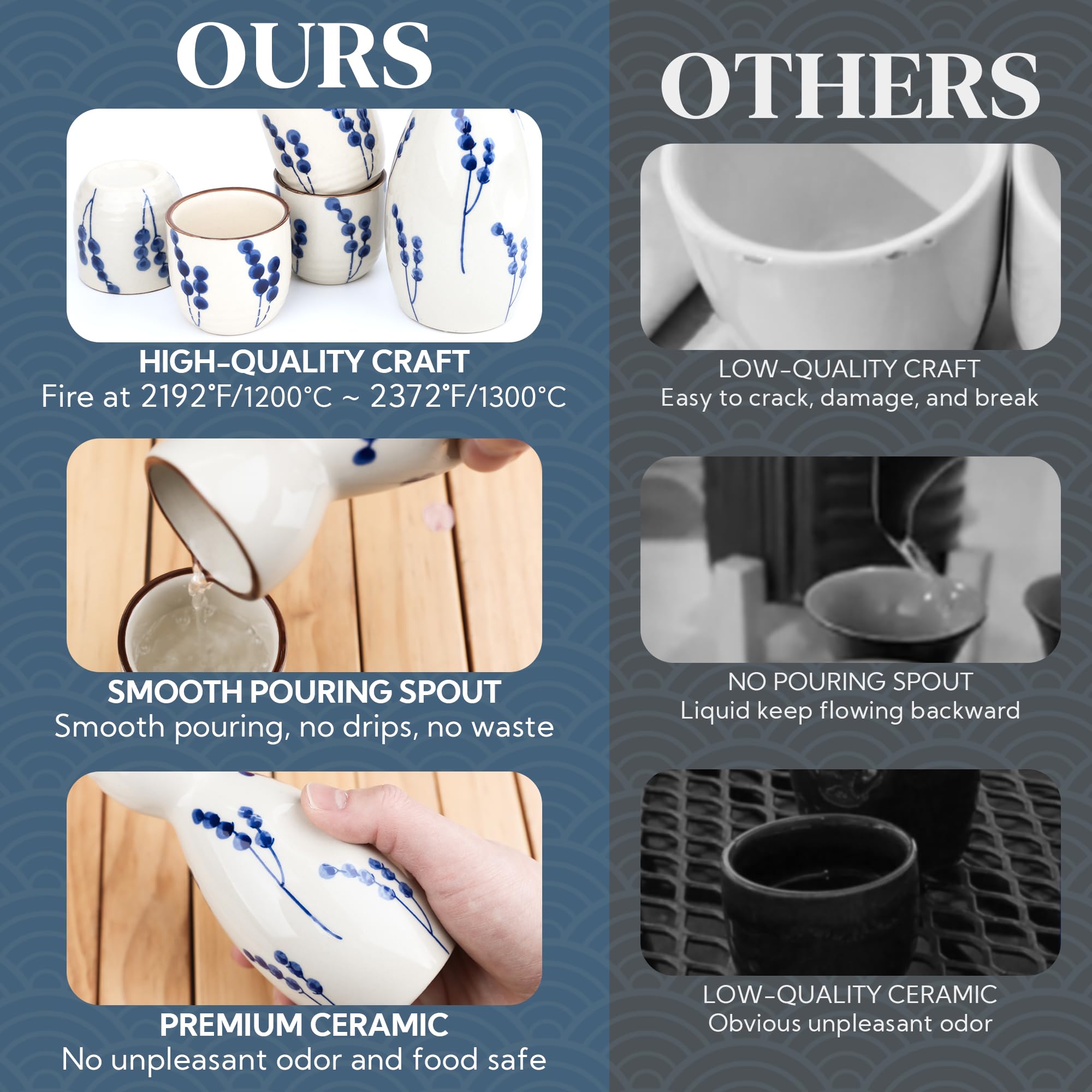 PUNNIO Sake Set smooth pour spout delivering drip-free flow.
