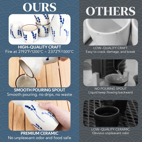 PUNNIO Sake Set smooth pour spout delivering drip-free flow.
