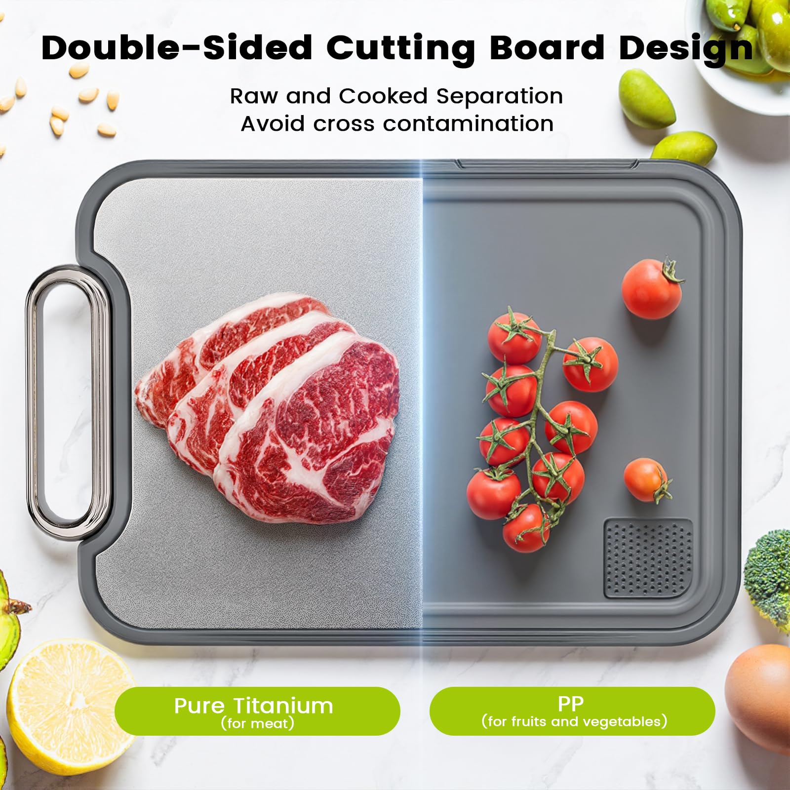 Puppiluv titanium cutting board meats side for raw and cooked protein.