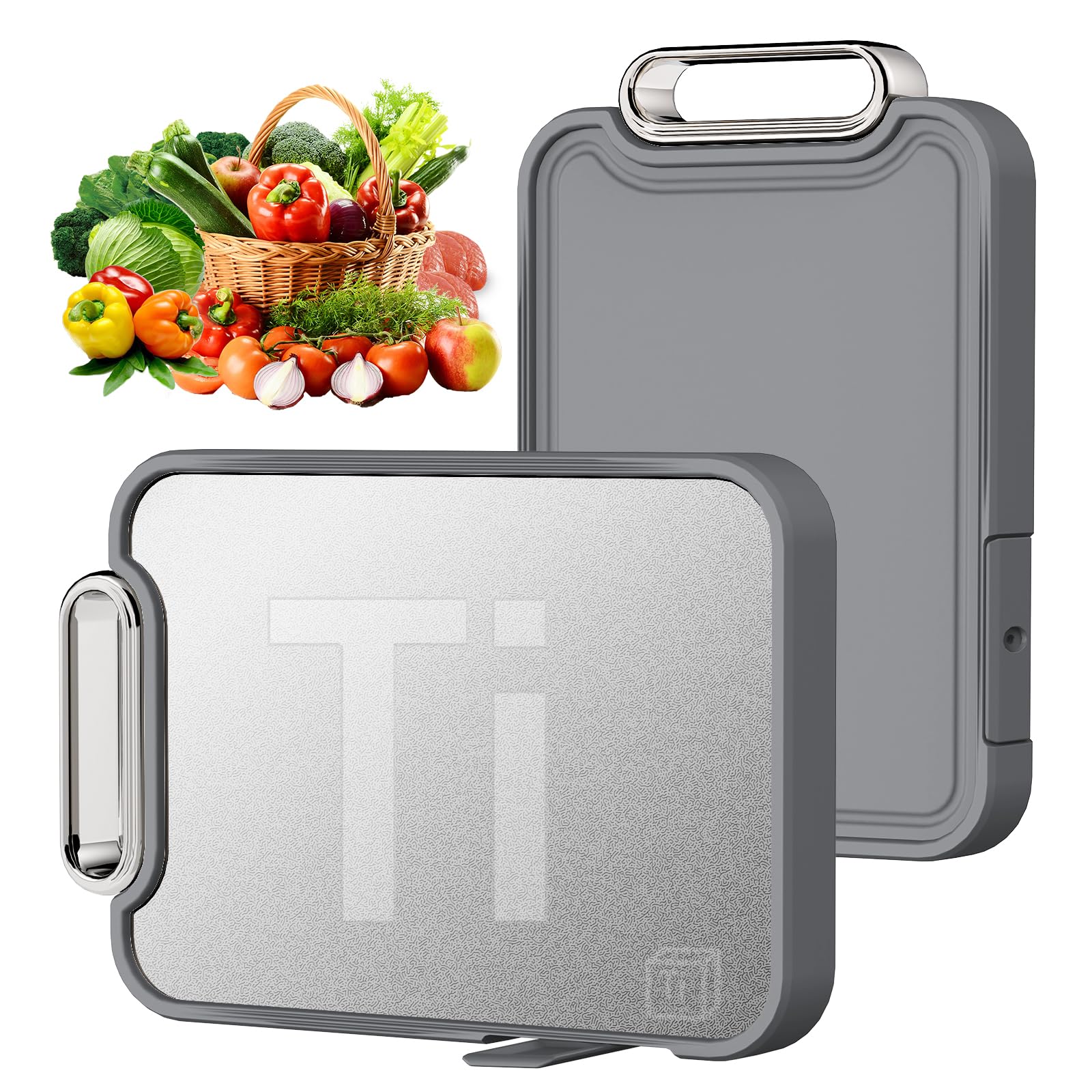 Puppiluv titanium cutting board top view, dual surfaces for meat and produce.