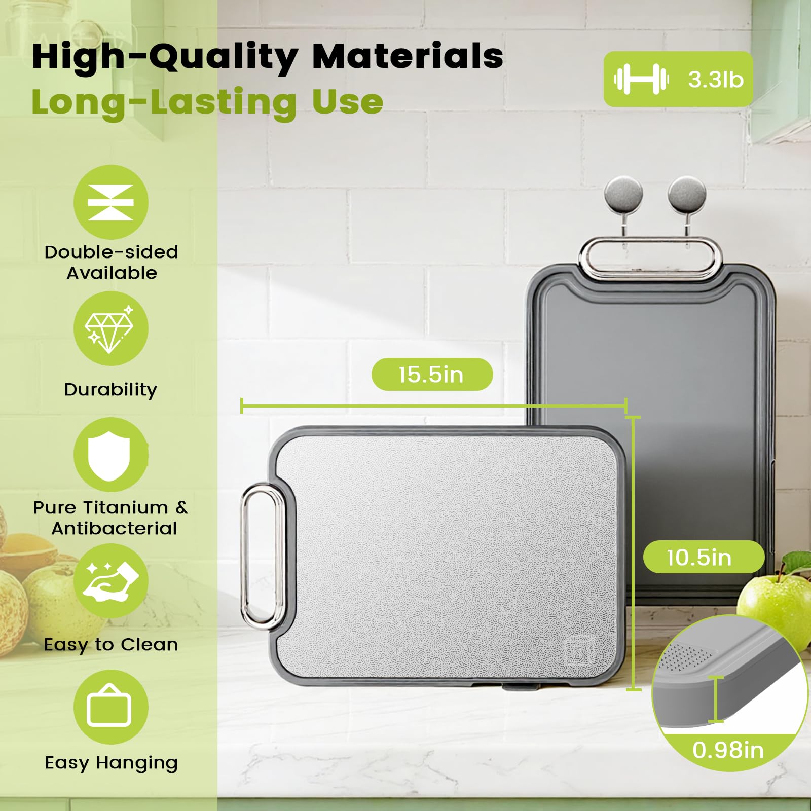Puppiluv titanium cutting board vegetables side with juice groove.