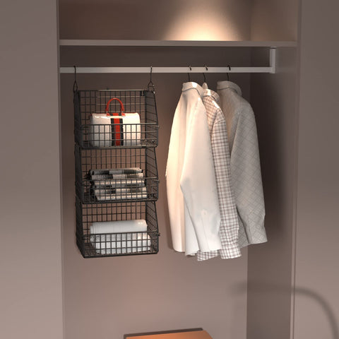 PUPPYCUTE basket hung from closet rod to maximize vertical space
