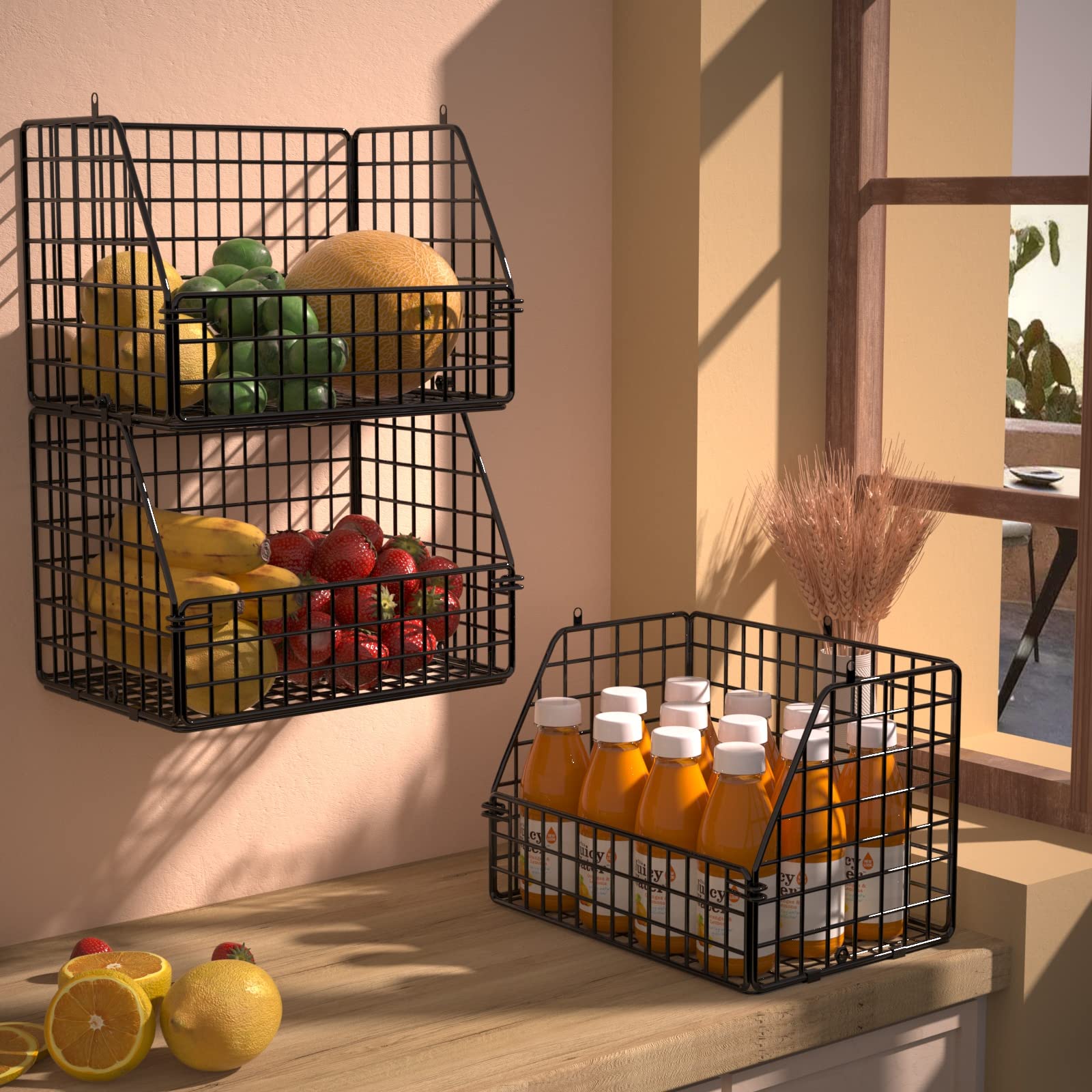 PUPPYCUTE stackable wire baskets placed on a shelf for compact storage