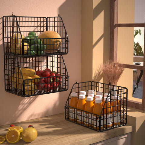 PUPPYCUTE stackable wire baskets placed on a shelf for compact storage