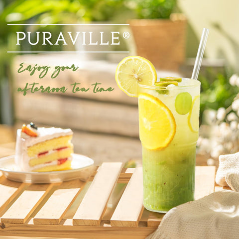 Puraville glass cup lower corrugation improves non slip handling.