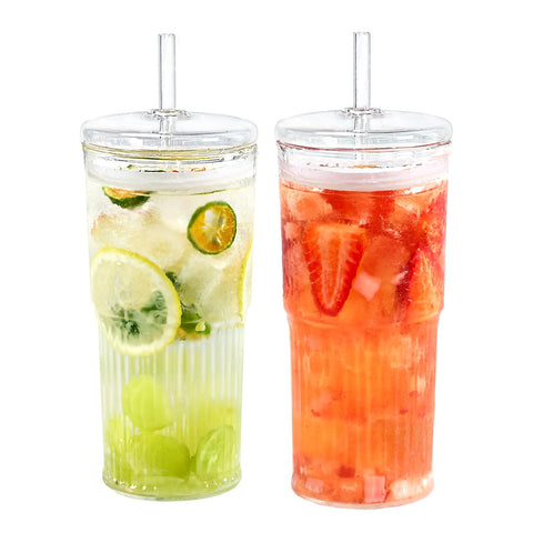 Puraville 20oz glass cup with lid and straw, clear view for iced coffee.