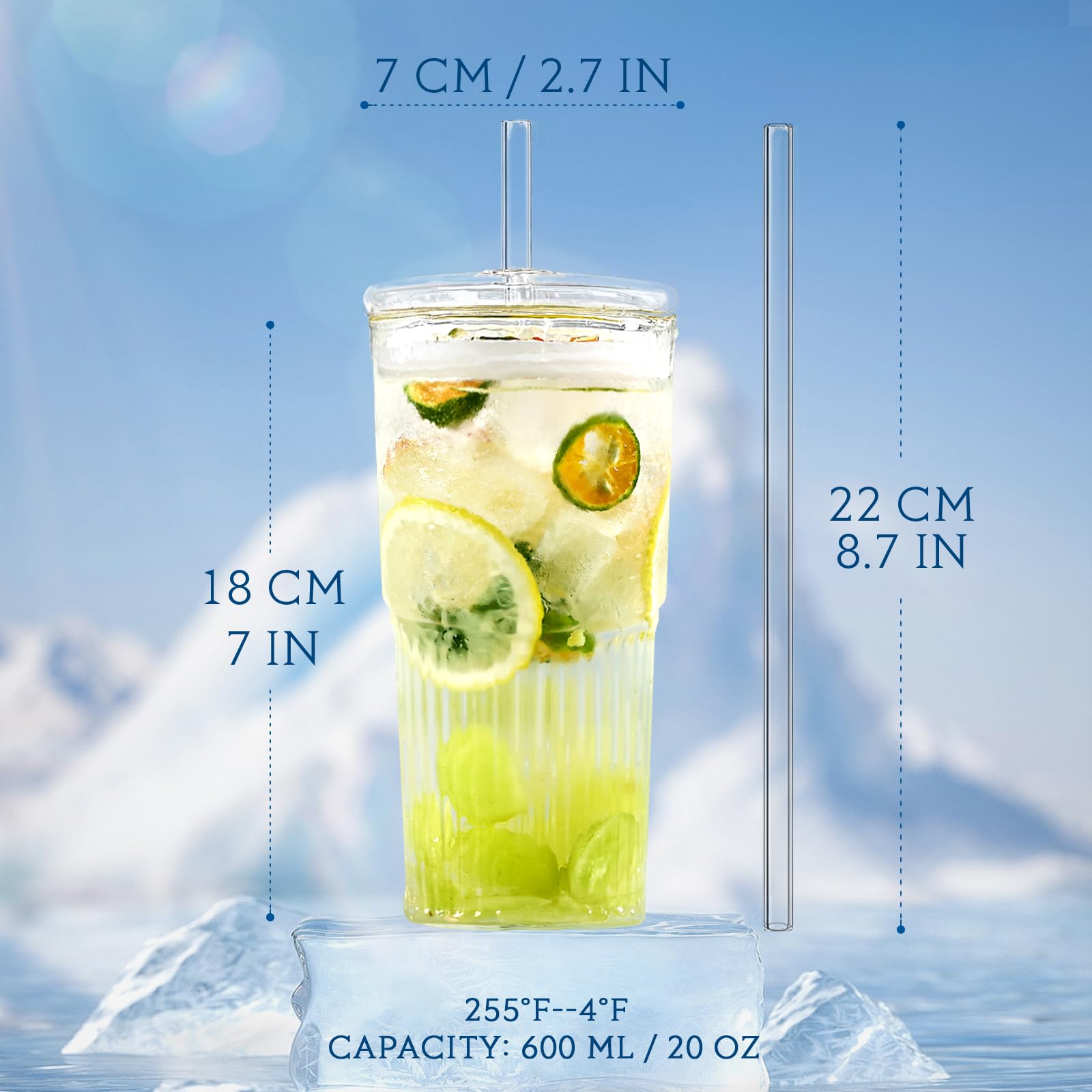 Puraville 20oz glass cup front view highlights transparent clarity for drinks.