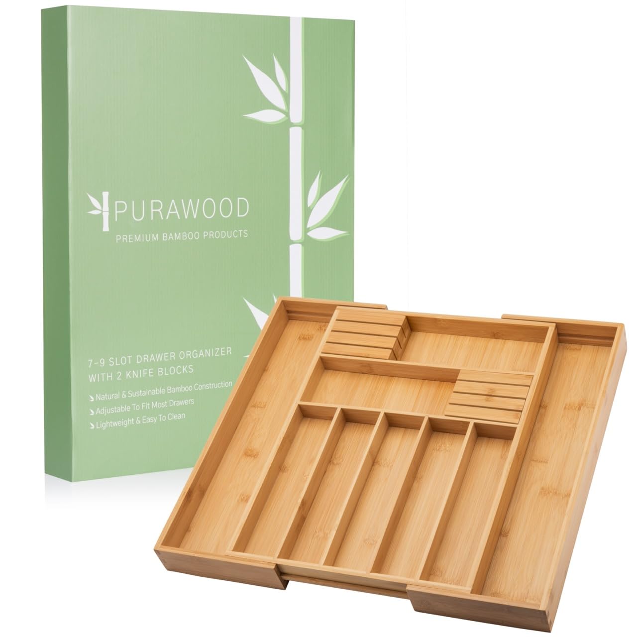 Expandable 7-9 slot silverware tray fits standard kitchen drawers neatly.