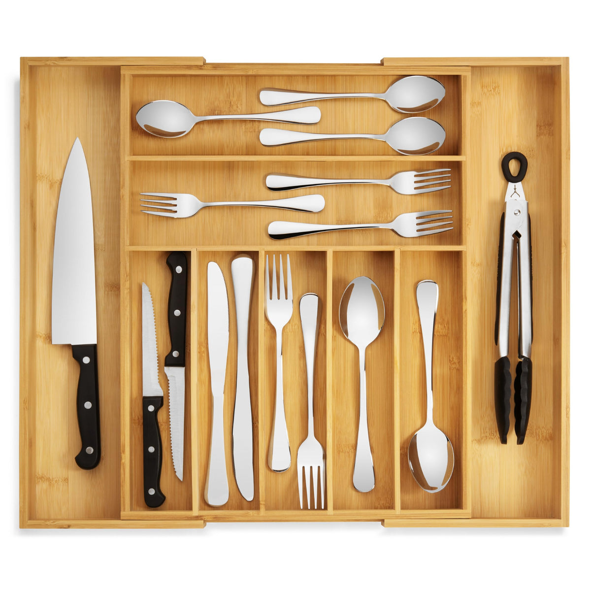 Purawood bamboo drawer organizer with expandable 7-9 slots for spacious utensil storage.