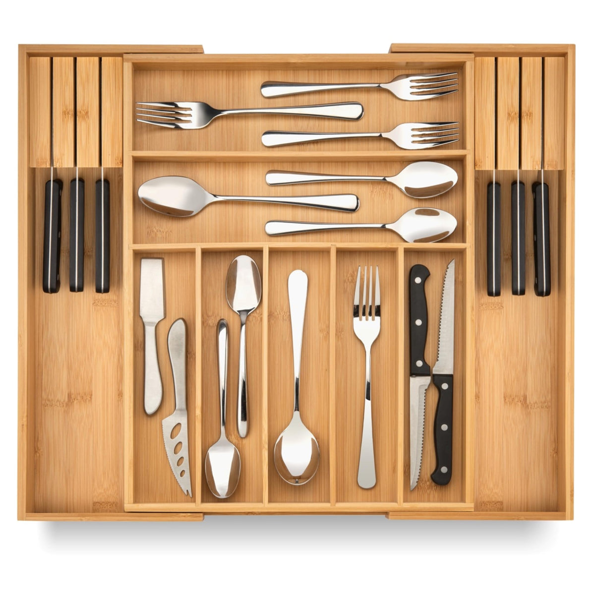 Purawood bamboo drawer organizer with knife blocks in natural finish, tidy and accessible.