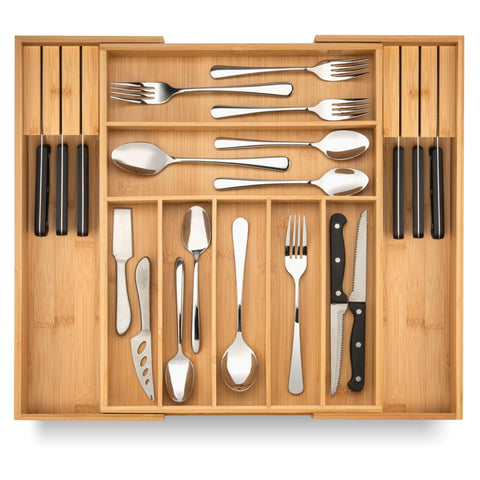 Purawood bamboo drawer organizer with knife blocks in natural finish, tidy and accessible.