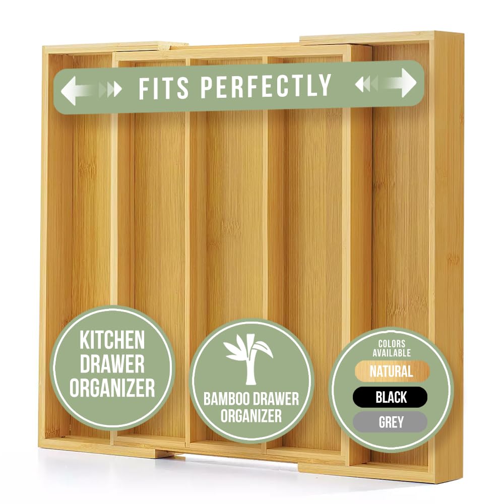 Purawood bamboo silverware tray with 3-5 slots for orderly flatware.