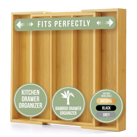 Purawood bamboo silverware tray with 3-5 slots for orderly flatware.