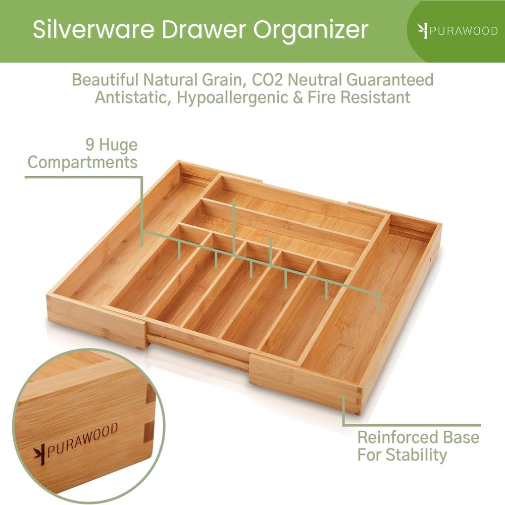 Purawood kitchen drawer organizer fits flatware securely for daily tasks.