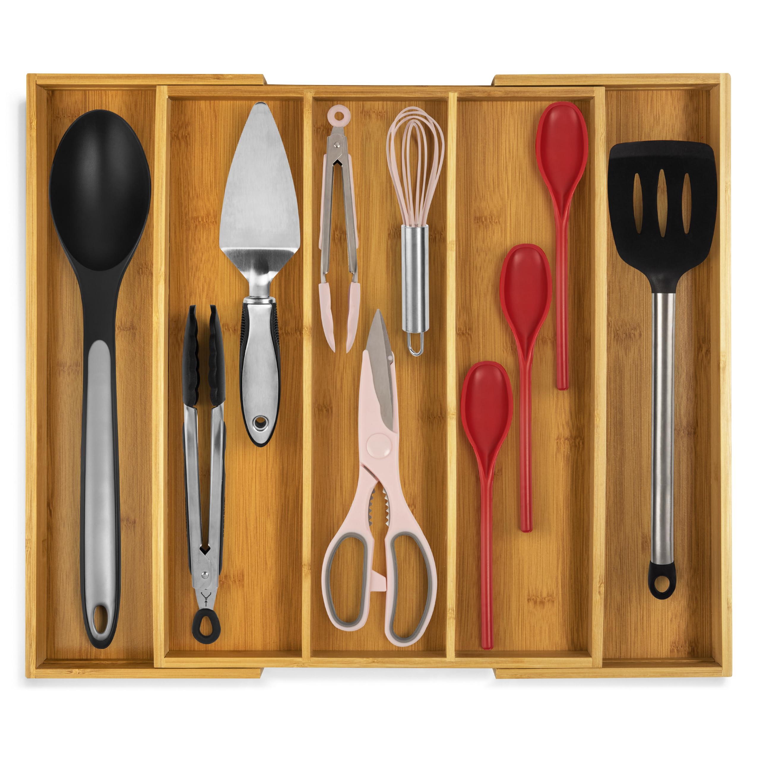 Purawood kitchen drawer organizer extendable with five compartments for flexible storage.