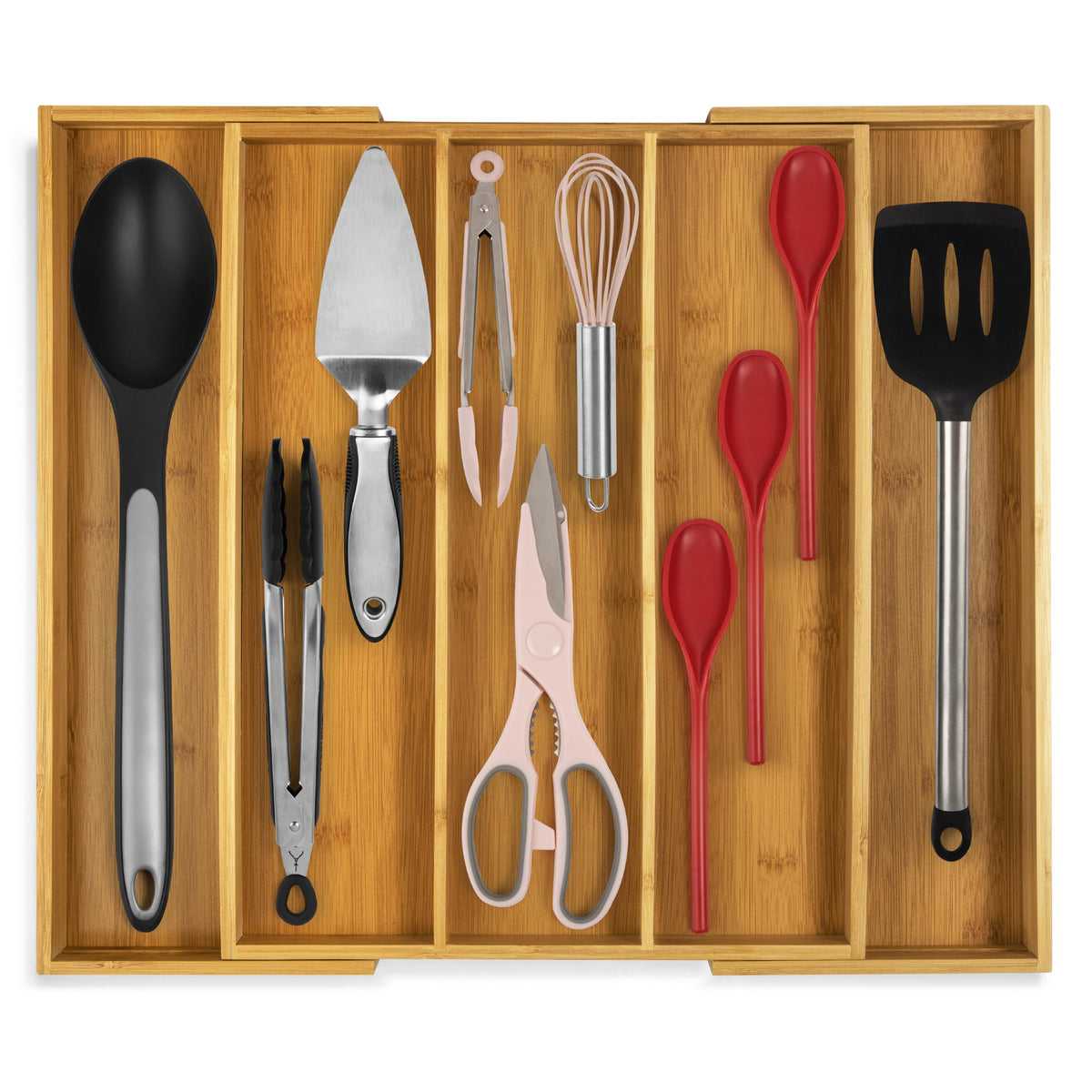 Purawood kitchen drawer organizer extendable with five compartments for flexible storage.