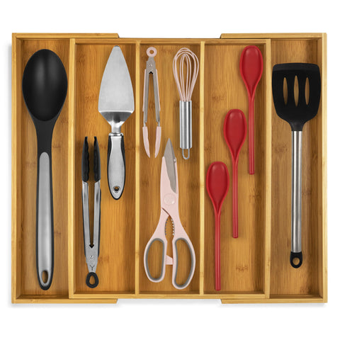 Purawood kitchen drawer organizer extendable with five compartments for flexible storage.