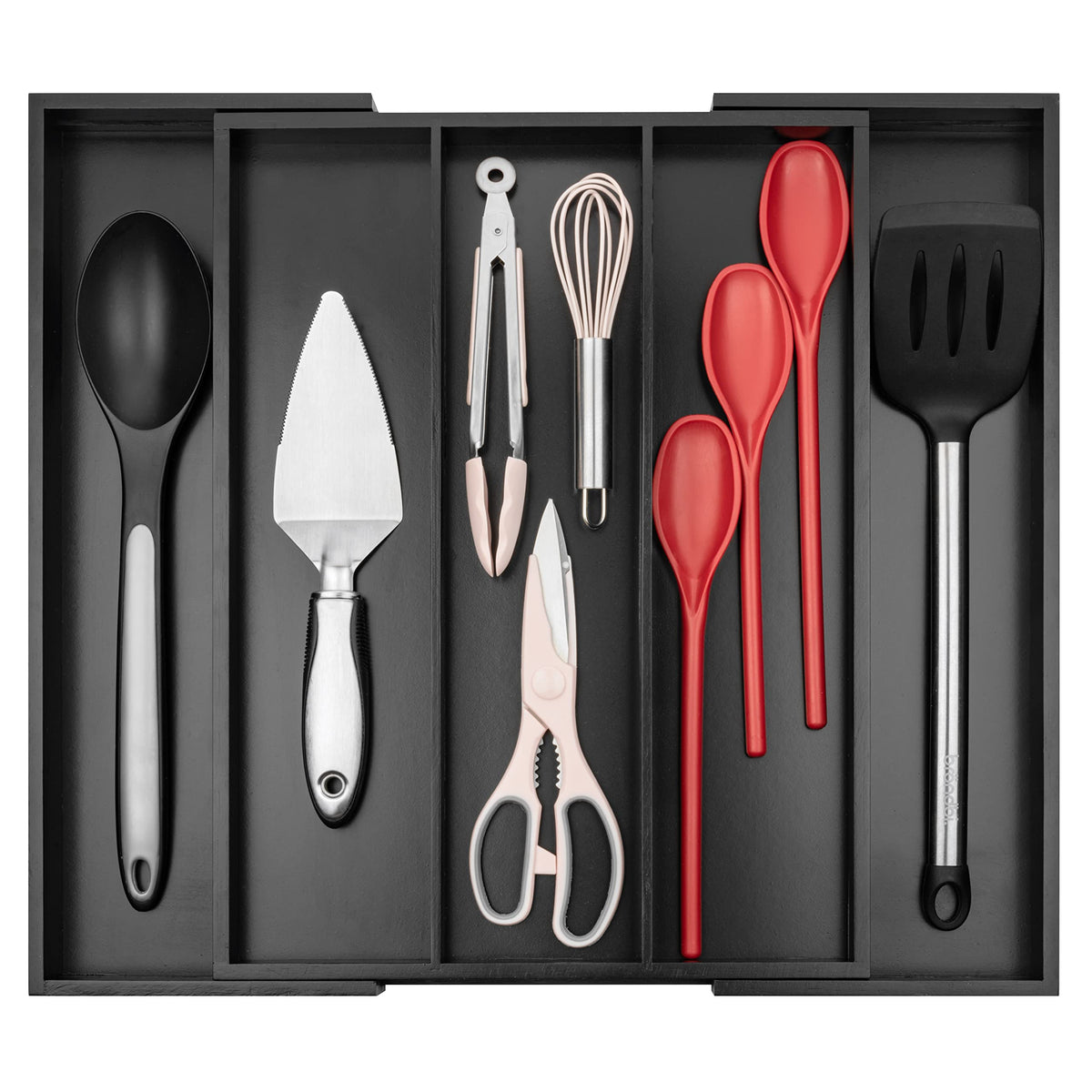 Purawood kitchen drawer organizer setup showing expandable slots for utensils.