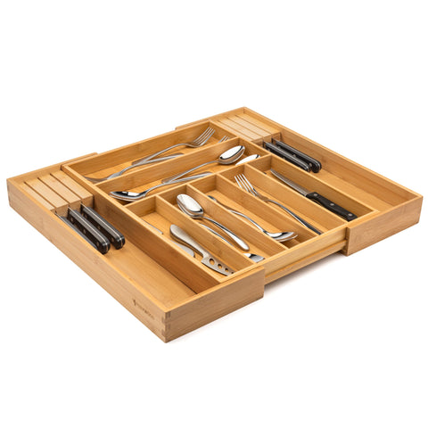 Versatile bamboo organizer suitable for kitchen, office, or jewelry storage.