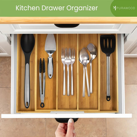 Purawood multiuse drawer organizer suitable for utensils and office items.