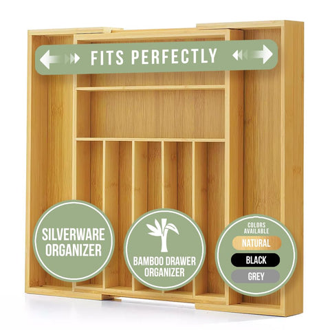 Purawood silverware tray with dividers for organized cutlery and easy access.