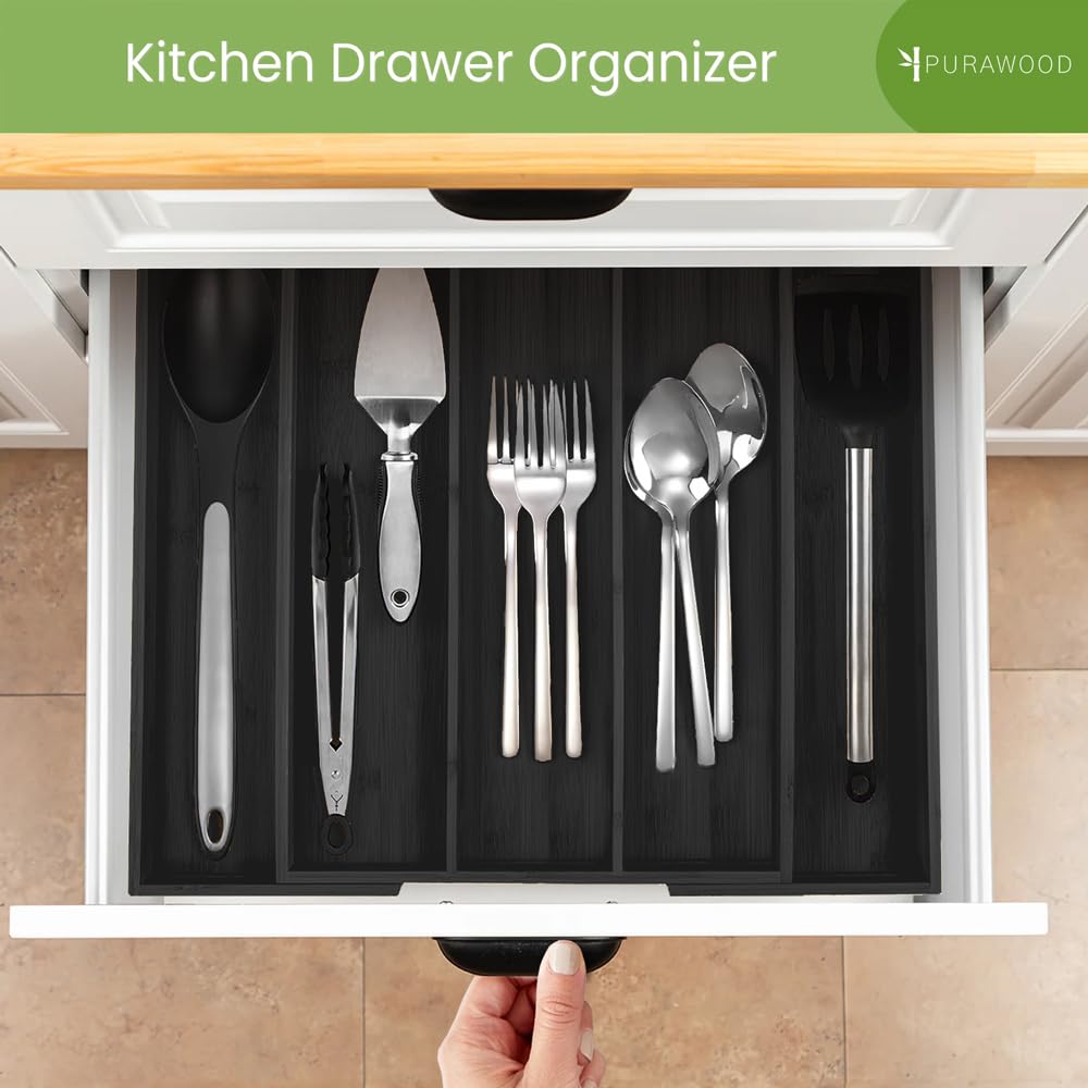 Purawood water-resistant bamboo organizer in black fits diverse drawer styles.