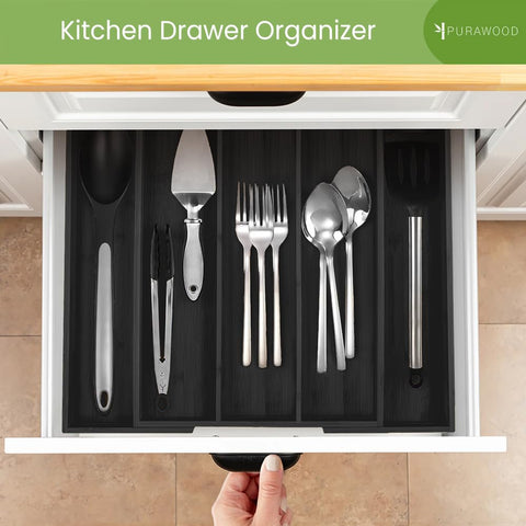 Purawood water-resistant bamboo organizer in black fits diverse drawer styles.