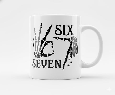 Pure Compression Six Seven Meme Skeleton mug—humor for daily coffee rituals
