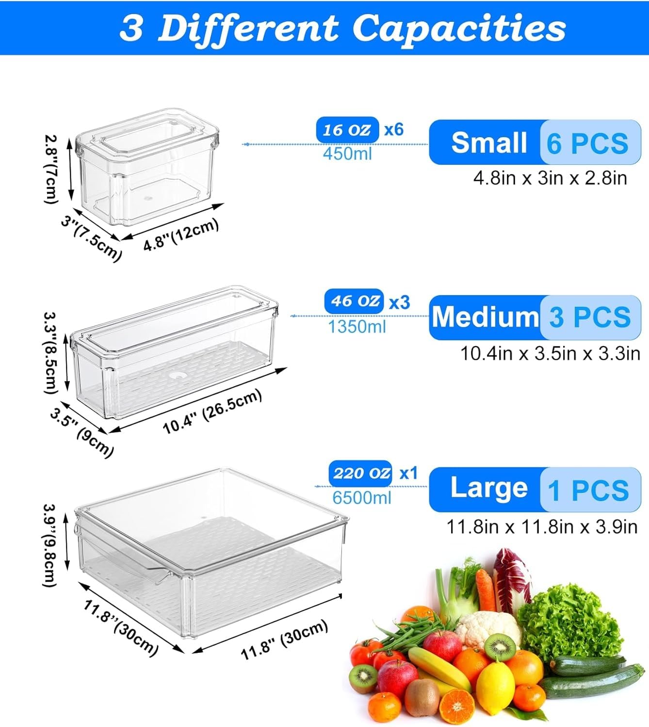 Pure Future three-sizes storage adapts to drinks, produce, and condiments.