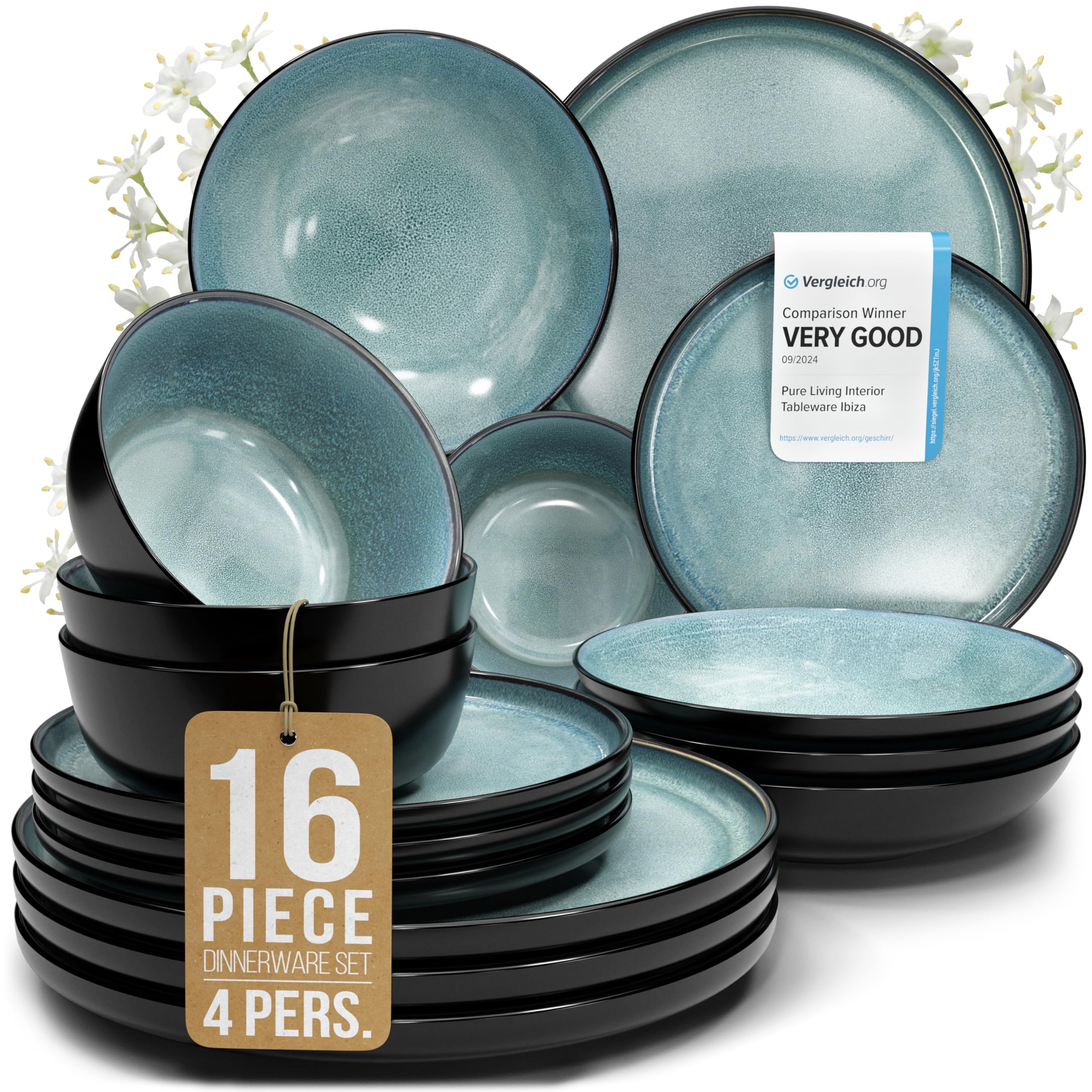 Pure Living 16-piece dinnerware dinner plates in black and petrol blue for everyday meals