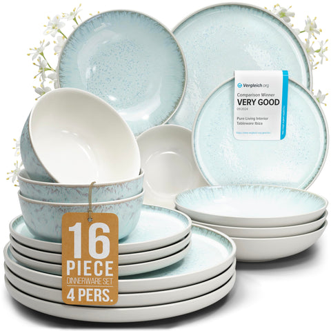 PURE LIVING stoneware dinner plates for four; durable and dishwasher-safe.