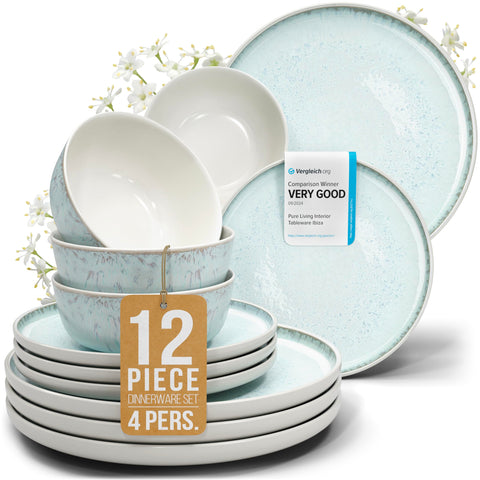 Pure Living stoneware set in beige and blue, a complete 12-piece service for daily meals