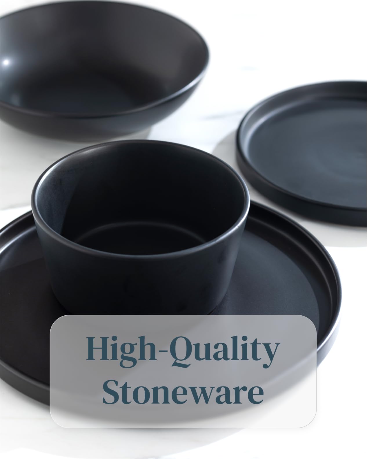 Pure Living stack of matte black stoneware dishes saves cabinet space