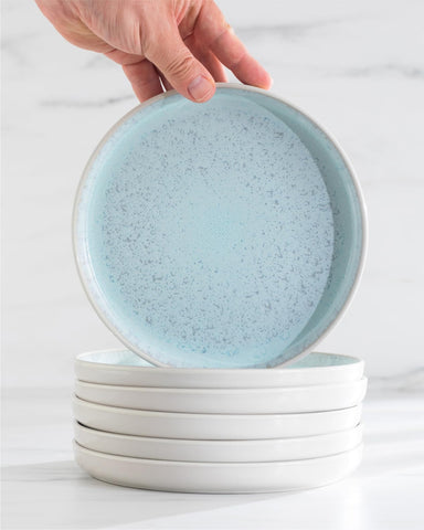 PURE LIVING stacked dinner set; space-saving storage and organized cabinets.