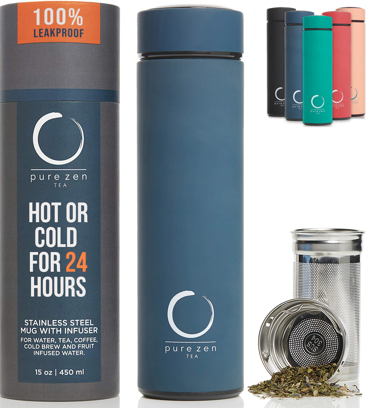Pure Zen Tea infuser thermos showing the blue 15oz bottle for on-the-go brewing.