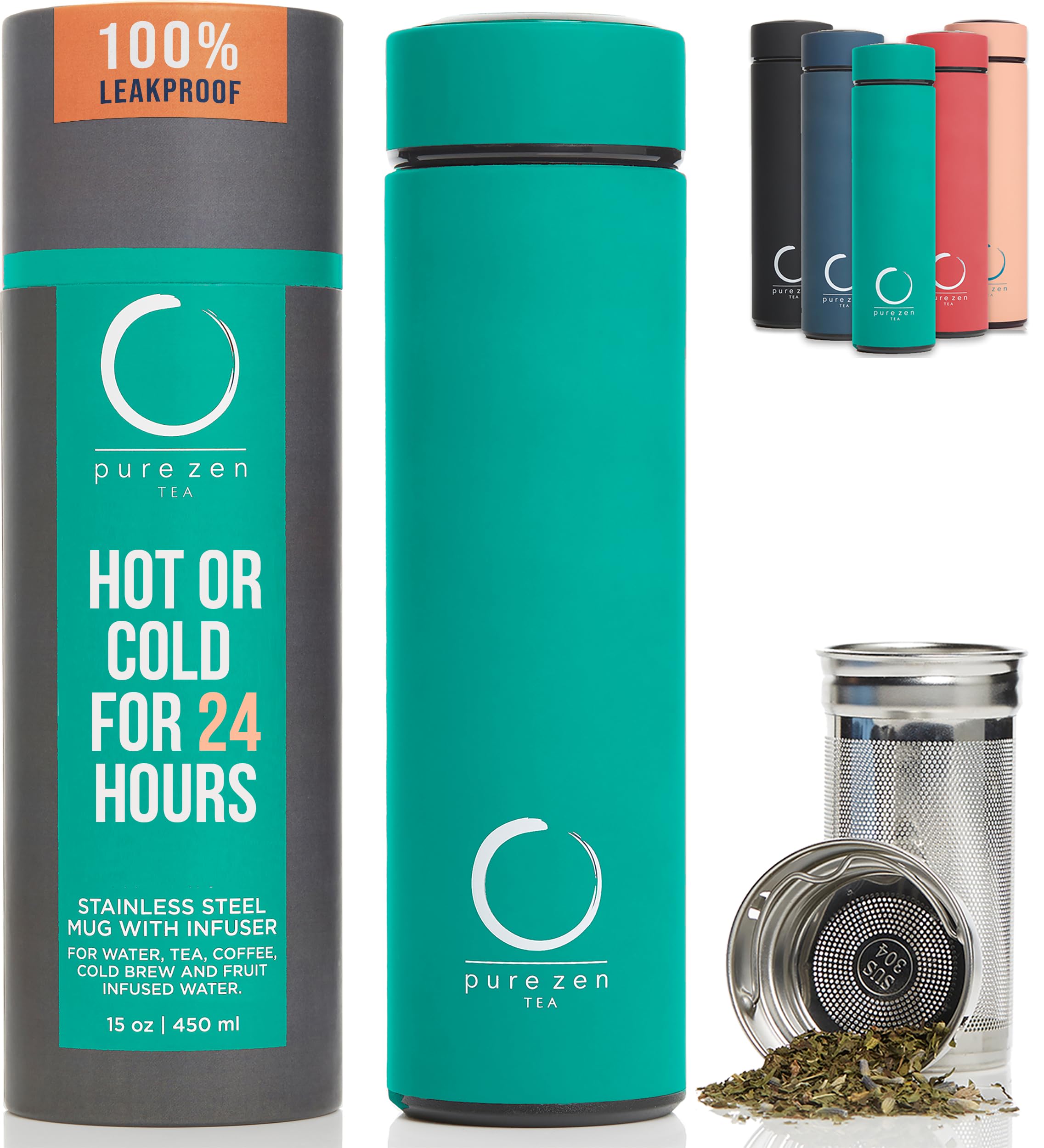 Pure Zen Tea thermos infusion bottle enables on-the-go flavorful hot or cold drinks.